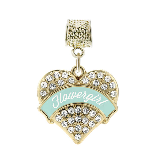 Gold Mint Flower Girl Pave Heart Memory Charm
