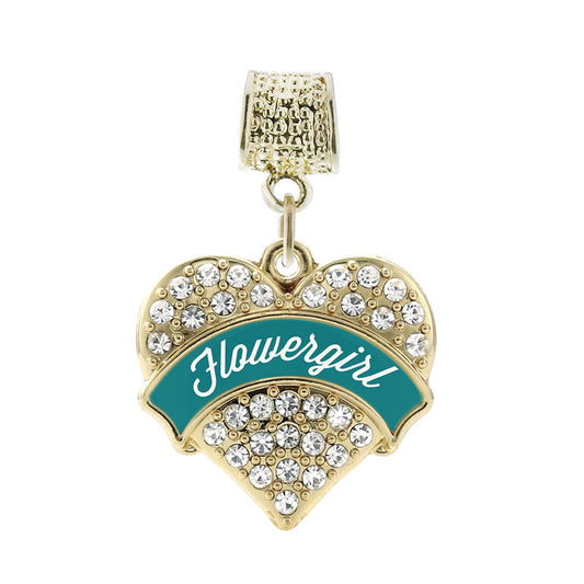 Gold Dark Teal Flower Girl Pave Heart Memory Charm