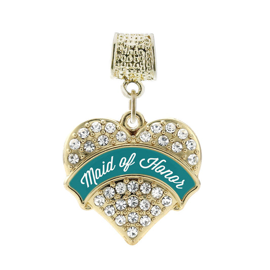 Gold Dark Teal Maid of Honor Pave Heart Memory Charm