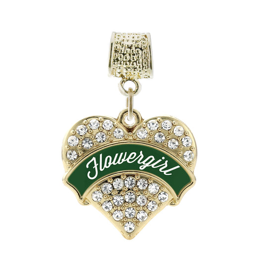 Gold Forest Green Flower Girl Pave Heart Memory Charm