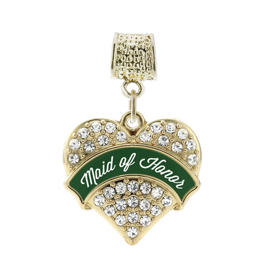 Gold Forest Green Maid of Honor Pave Heart Memory Charm