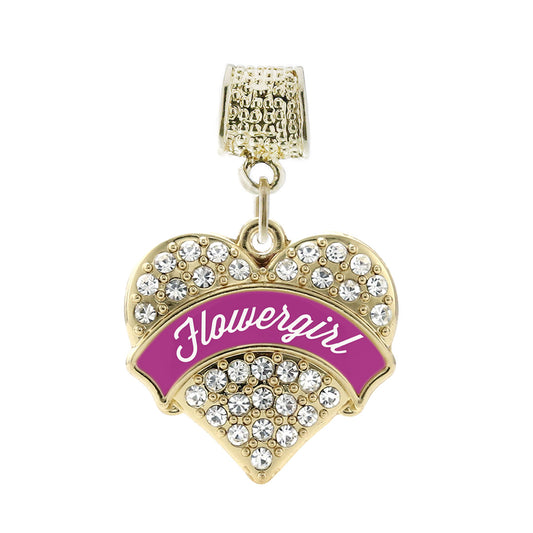 Gold Magenta Flower Girl Pave Heart Memory Charm