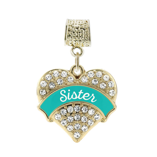Gold Teal Sister Pave Heart Memory Charm