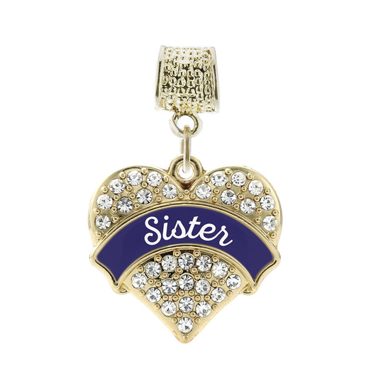 Gold Navy Blue Sister Pave Heart Memory Charm