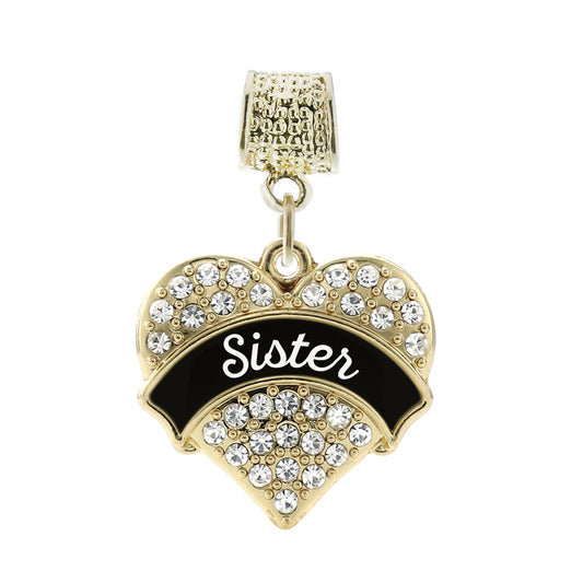 Gold Black and White Sister Pave Heart Memory Charm
