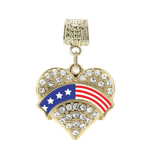 Gold American Flag Pave Heart Memory Charm