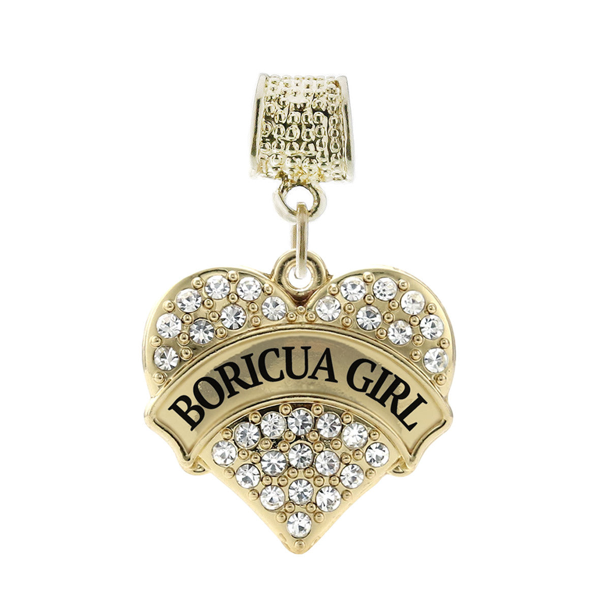 Gold Boricua Girl Pave Heart Memory Charm