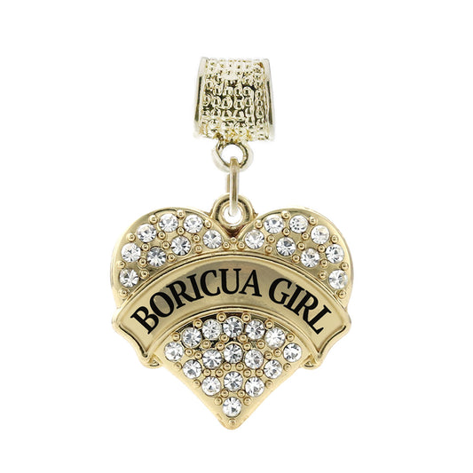 Gold Boricua Girl Pave Heart Memory Charm