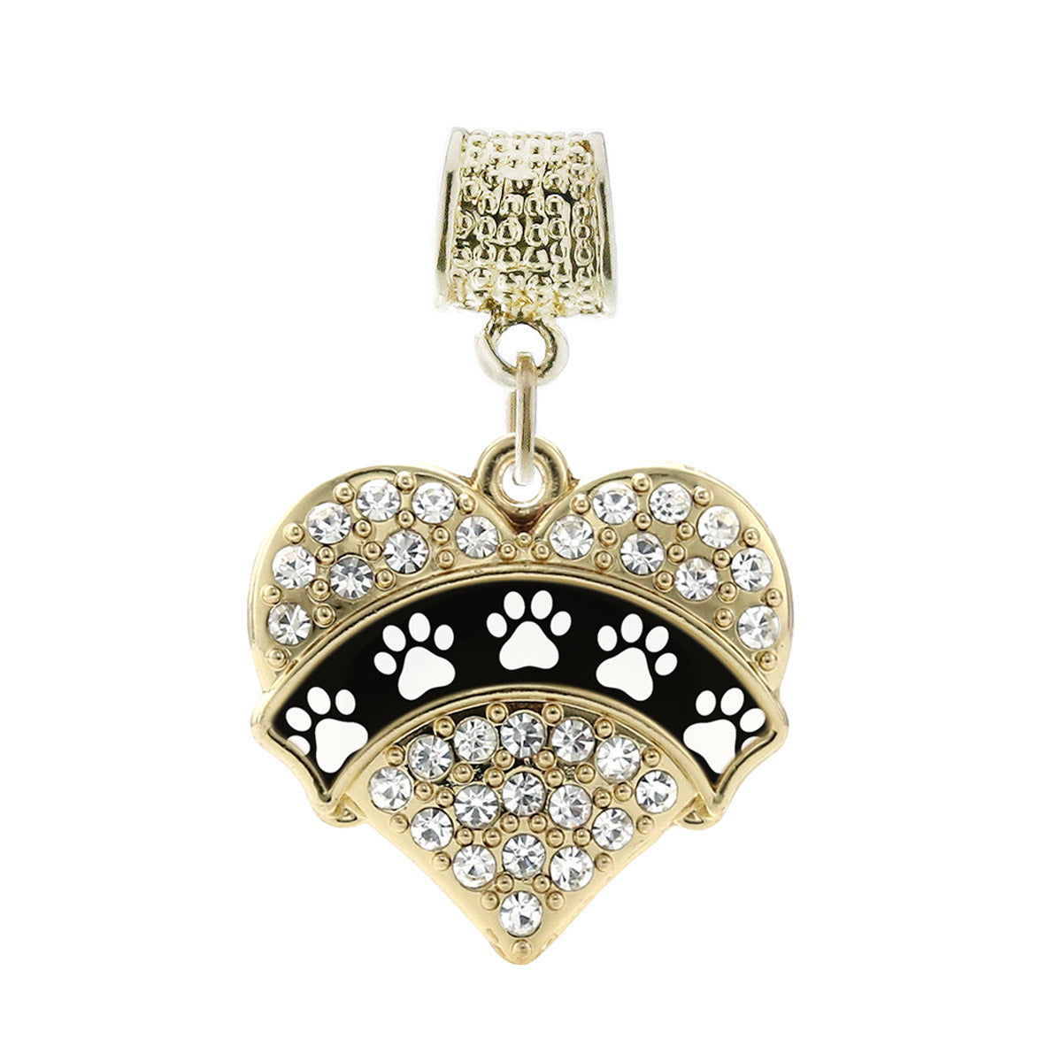 Gold Cute Paw Prints Pave Heart Memory Charm