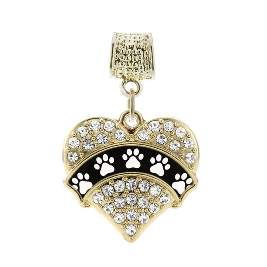Gold Cute Paw Prints Pave Heart Memory Charm