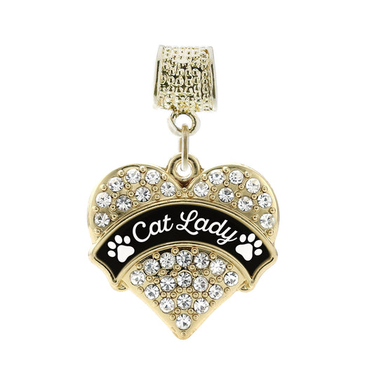 Gold Cat Lady - Paw Prints Pave Heart Memory Charm