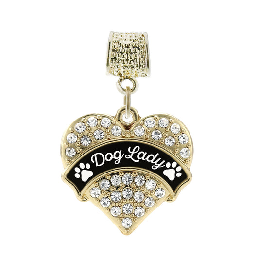 Gold Dog Lady - Paw Prints Pave Heart Memory Charm