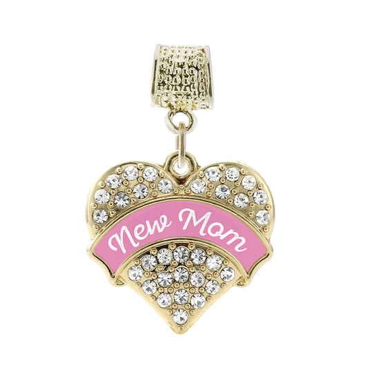 Gold Pink New Mom Pave Heart Memory Charm