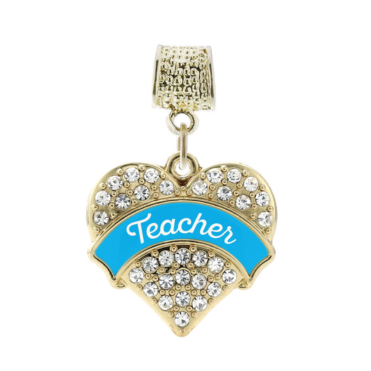 Gold Blue Teacher Pave Heart Memory Charm