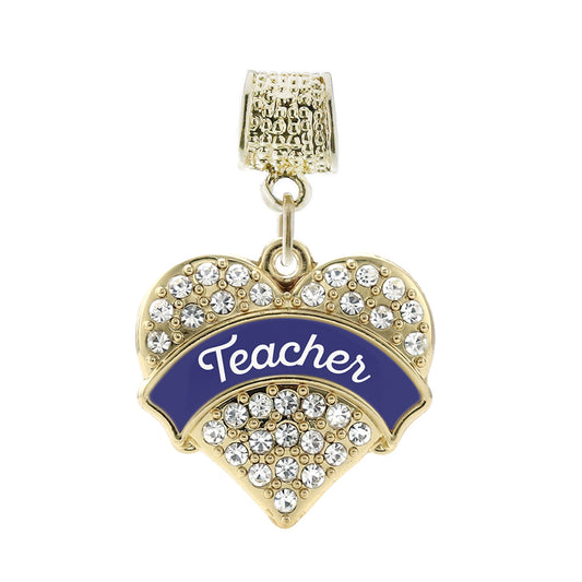 Gold Navy Blue Teacher Pave Heart Memory Charm