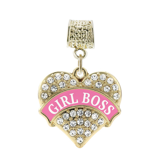Gold Pink Girl Boss Pave Heart Memory Charm