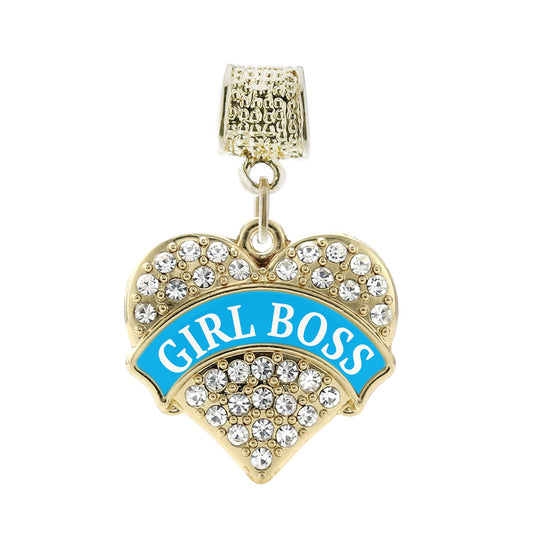 Gold Blue Girl Boss Pave Heart Memory Charm