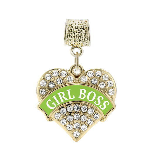 Gold Lime Green Girl Boss Pave Heart Memory Charm