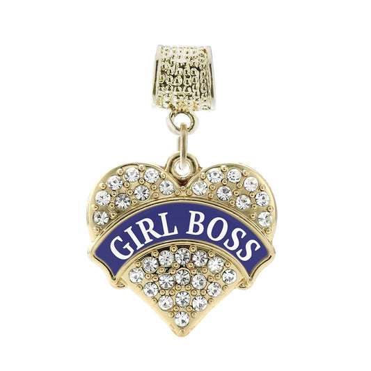 Gold Navy Blue Girl Boss Pave Heart Memory Charm