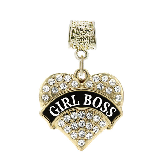 Gold Black and White Girl Boss Pave Heart Memory Charm