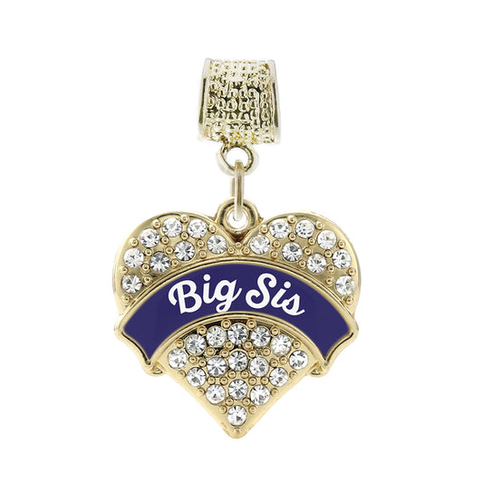 Gold Navy Blue Big Sister Pave Heart Memory Charm