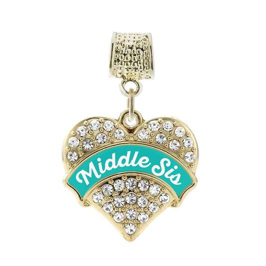 Gold Teal Middle Sister Pave Heart Memory Charm