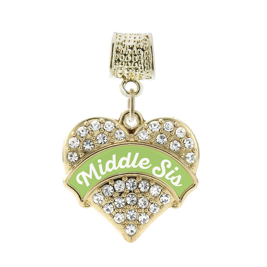Gold Sage Green Middle Sister Pave Heart Memory Charm