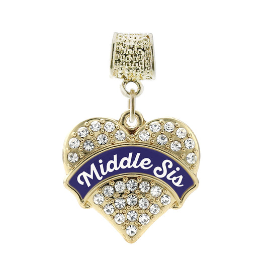 Gold Navy Blue Middle Sister Pave Heart Memory Charm