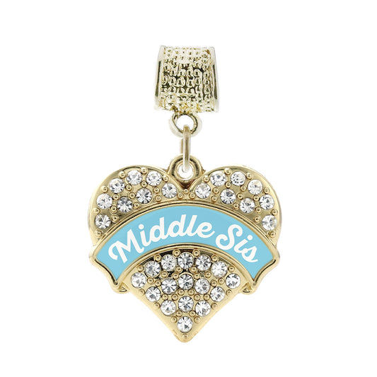 Gold Light Blue Middle Sister Pave Heart Memory Charm