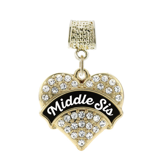 Gold Black and White Middle Sister Pave Heart Memory Charm