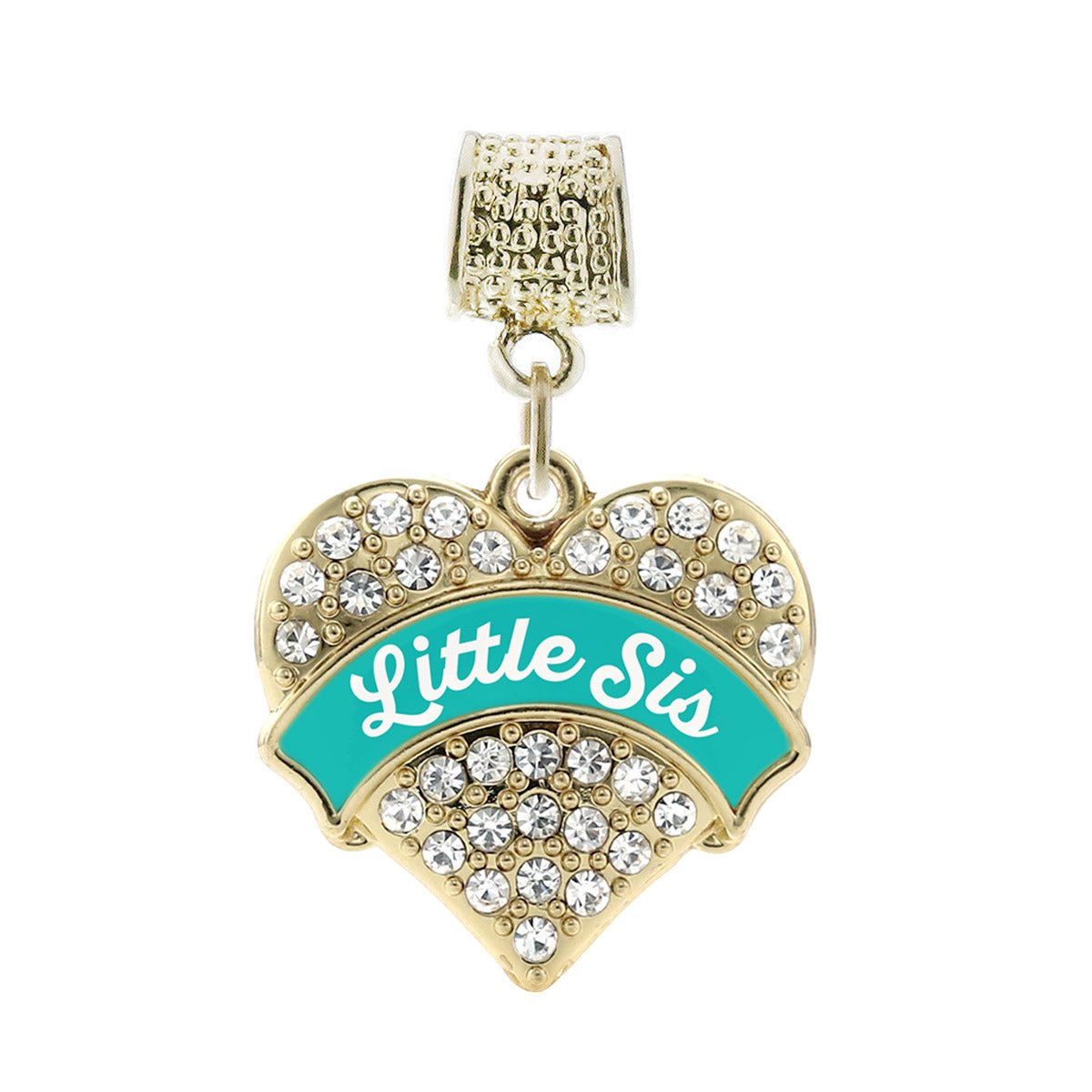 Gold Teal Little Sister Pave Heart Memory Charm