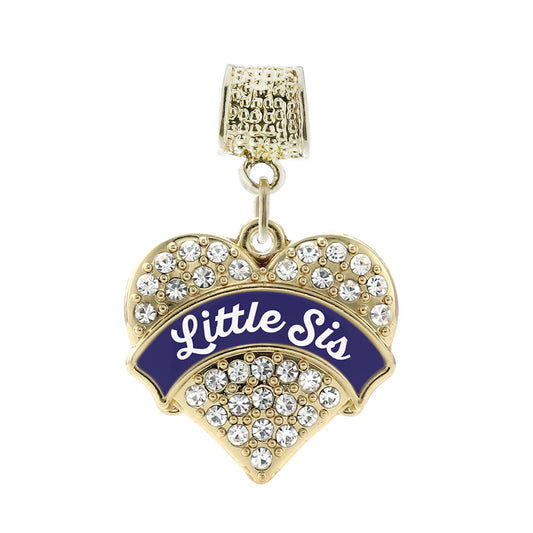 Gold Navy Blue Little Sister Pave Heart Memory Charm