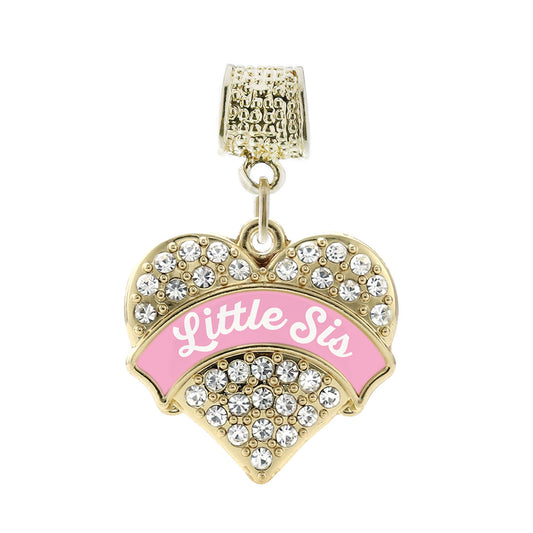 Gold Pink Little Sister Pave Heart Memory Charm