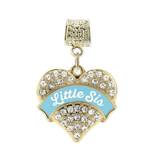 Gold Light Blue Little Sister Pave Heart Memory Charm