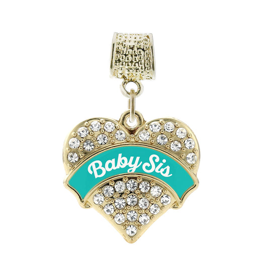 Gold Teal Baby Sister Pave Heart Memory Charm