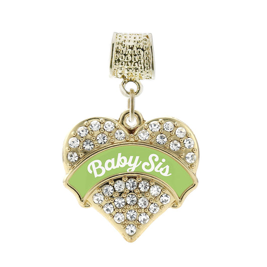 Gold Sage Green Baby Sister Pave Heart Memory Charm