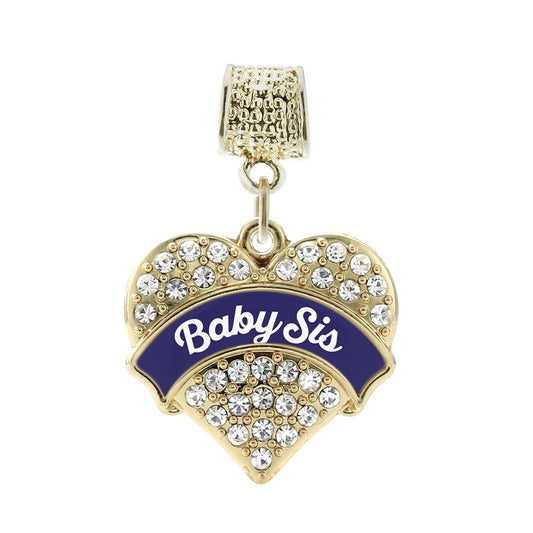Gold Navy Blue Baby Sister Pave Heart Memory Charm