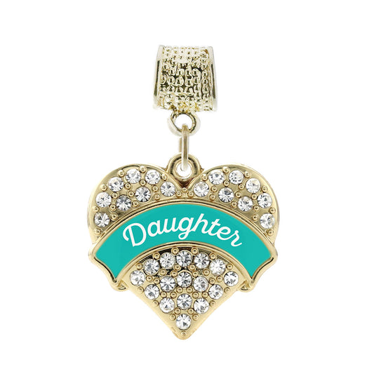 Gold Teal Daughter Pave Heart Memory Charm