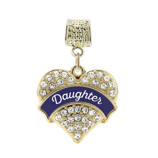 Gold Navy Blue Daughter Pave Heart Memory Charm