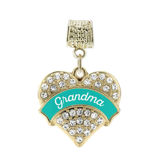 Gold Teal Grandma Pave Heart Memory Charm