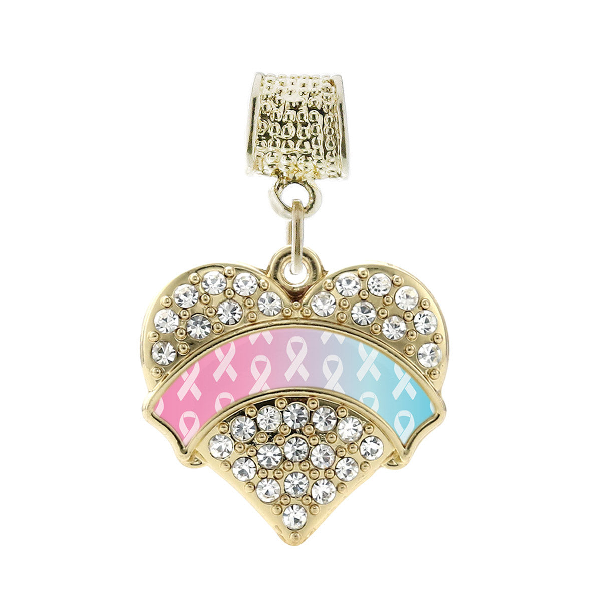 Gold Light Blue & Light Pink Ribbon Support Pave Heart Memory Charm