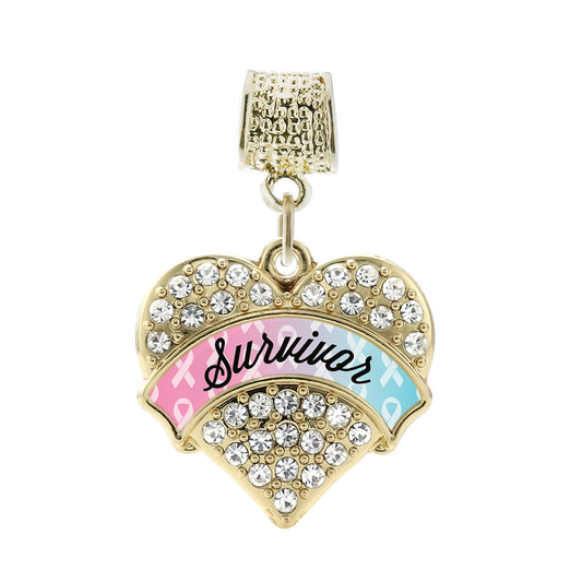 Gold Light Blue & Light Pink Ribbon Survivor Pave Heart Memory Charm