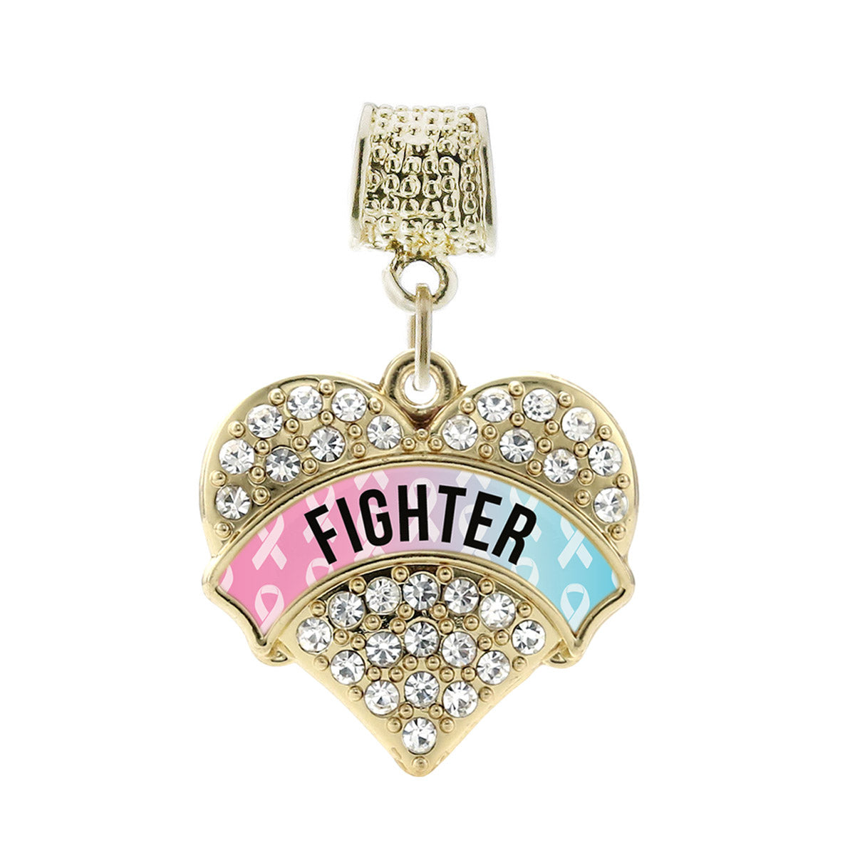 Gold Light Blue & Light Pink Ribbon Fighter Pave Heart Memory Charm