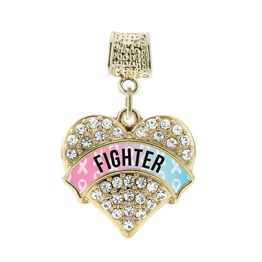 Gold Light Blue & Light Pink Ribbon Fighter Pave Heart Memory Charm