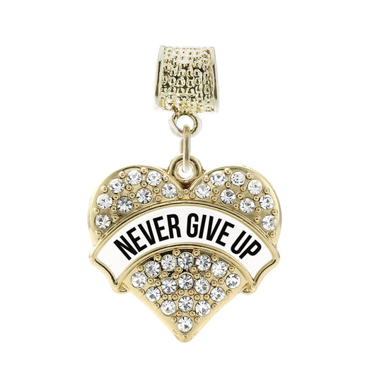 Gold White Banner Never Give Up Pave Heart Memory Charm