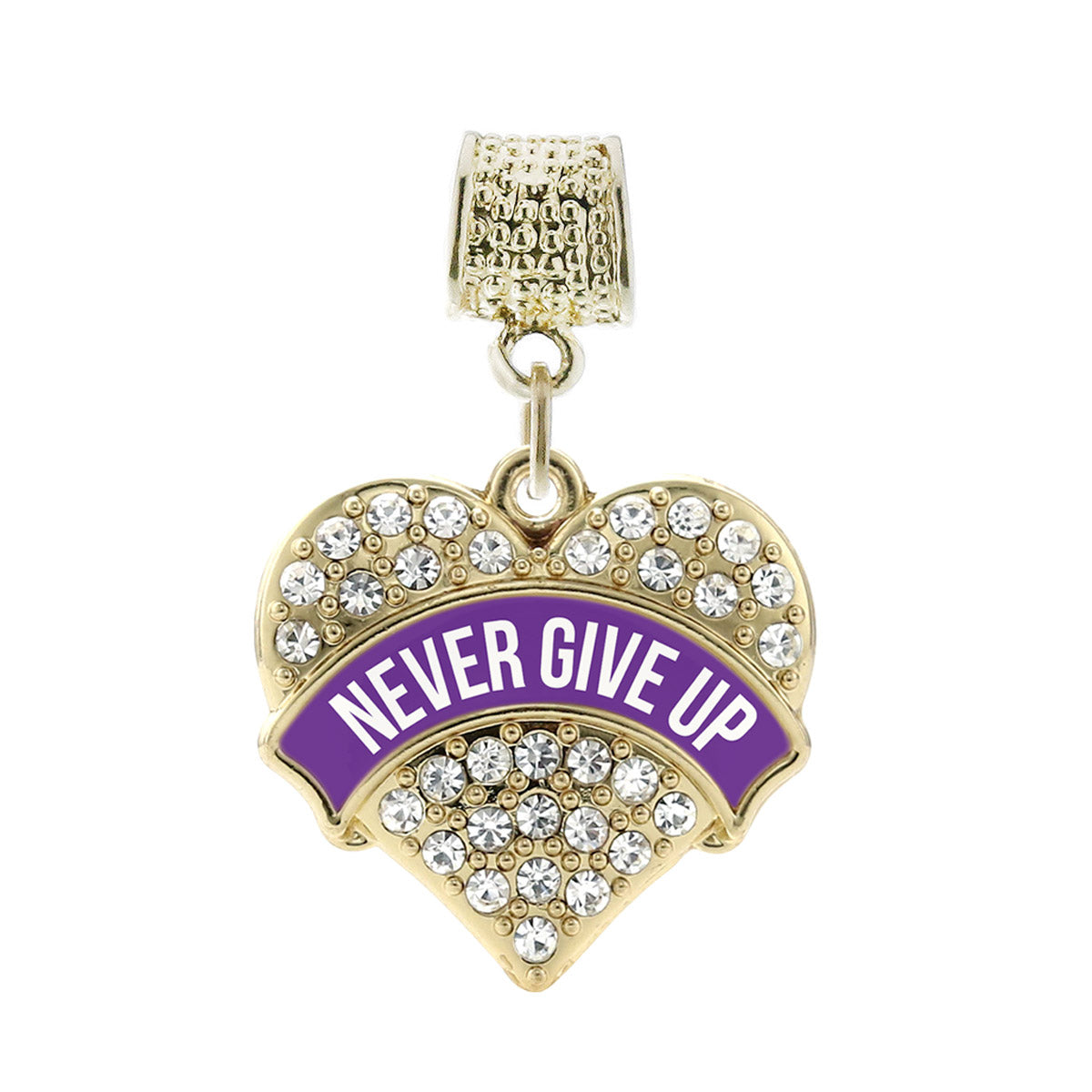 Gold Purple Banner Never Give Up Pave Heart Memory Charm