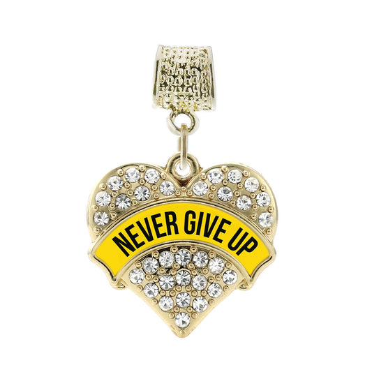 Gold Yellow Banner Never Give up Pave Heart Memory Charm