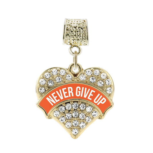 Gold Orange Banner Never Give up Pave Heart Memory Charm