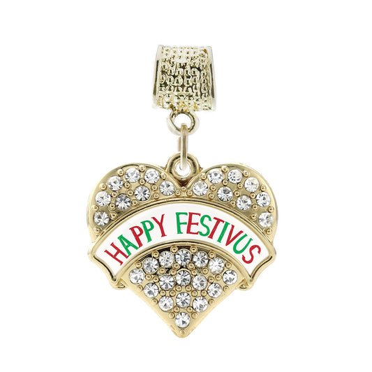 Gold Happy Festivus Pave Heart Memory Charm