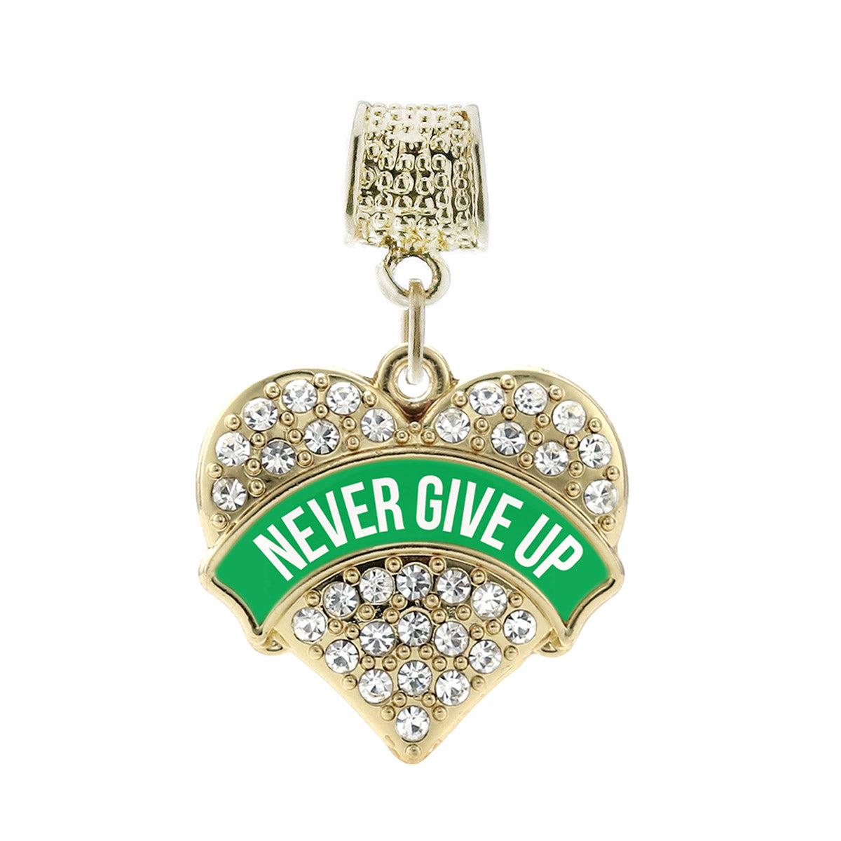 Gold Green Banner Never Give up Pave Heart Memory Charm